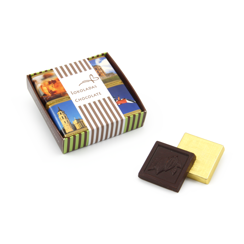 A small set of illustrated chocolates. The box with a transparent 
cover is white, striped or naturally brown. Excellent gift for friends and colleagues from abroad. We put preordered company logo.