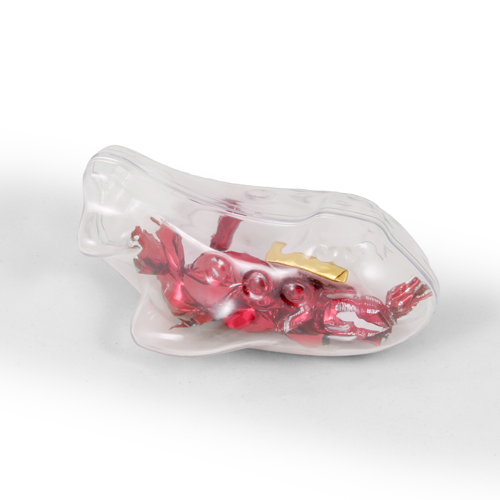 Stylized airplane shaped box from transparent plastic with eyehole for 
hanging or ribbon. Box is made from two lockable parts. Suitable for small souvenir or candy packaging or as a decoration.