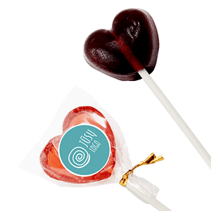 Reklaminis saldainis | guminukas ant pagaliuko ŠIRDELĖ | etiketė su logo  | saldireklama.lt