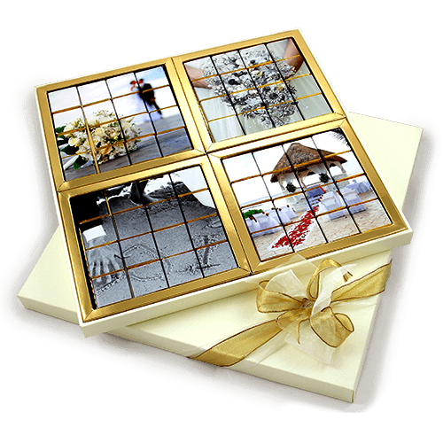 A large set of chocolates in an impressive box. The chocolates are placed 
in 4 photos or different photos and wishes mosaic. The box is naturally brown. Greeting on the cover.