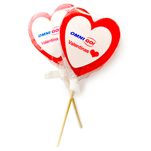 Heart shaped candies on the sticks with the logo on the label. You can 
choose the color and taste of the candy. Suitable for a theme or occasional event.