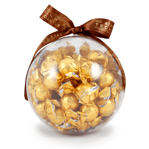 Chocolate candy in transparent plastic packaging. A big and impressive 
Christmas gift for the collective with chocolate candies. This package can be purchased without candy.