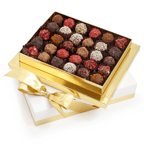 The luxurious business class box with various flavors of chocolate truffles. 

 The bottom is gold, silver or adjusted to the cover. 
 The logo on the cover on the postcard or on the selected color ribbon.