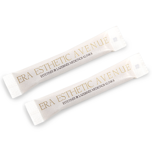 Wand shaped advertising sugar packages with company logo. Traditional advertising 
tool for hotels, restaurants, cafés (HoReCa), passenger service, office.