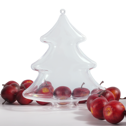 Stylized Christmas tree-shaped box from transparent plastic with eyehole 
for hanging or ribbon. Box is made from two lockable parts. Suitable for small souvenir or candy packaging or as a decoration.