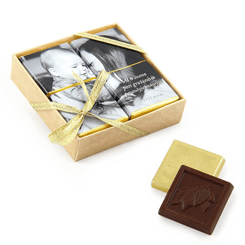 Chocolate set in the box. Photo or mosaic with wishes is put from chocolates. 
White or naturally brown box.