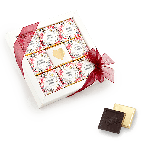 Chocolate set with wishes in the frame. Multiple chocolate designs of your 
choice. White box.