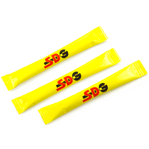 Wand shaped advertising sugar packages with company logo. Traditional advertising 
tool for hotels, restaurants, cafés (HoReCa), passenger service, office.