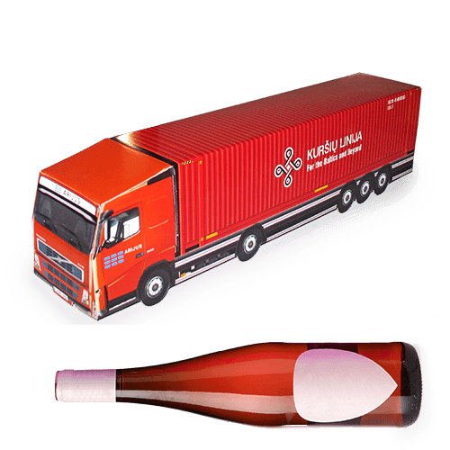 Stylized truck-shaped promotional box for wine or champagne. We create 
a close model of the particular truck. We offer drinks together with various sweets.