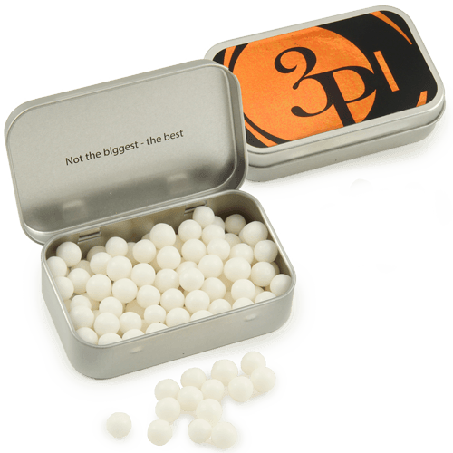 Compact and capacious metal fine candy box with the logo. The color of 
the box is optional - white or silver.
