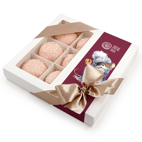 Particularly fluffy and light zephyrs (Marshmallow) in mint, orange, raspberry, 
cherry and other expressive flavors. Colorful Christmas edible kit packaged in the white souvenir box. Logo and greetings on the colorful sticker, ribbon or postcard.