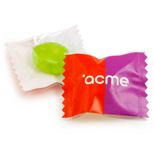 Multi-colored fruit-flavored hard candies in original promotional packaging. 
Small sweet gifts, evocative advertising messages will remind visitors and customers of the company's name or brand every now and then. Suitable for exhibitions, shops, salons and events.
