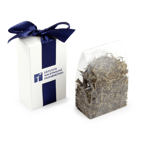 A small pleasant business gift with tea or ground coffee. Naturally brown 
box with a carved logo or white box with a printed logo and adjusted color ribbon.