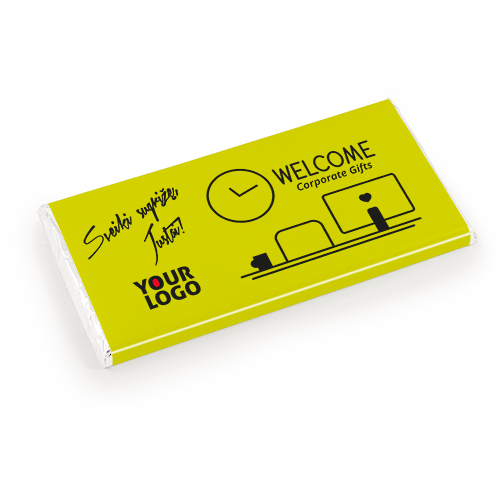 Traditional chocolate bar with advertising label, logo, drawing and inscription.

A great way to show care, reduce emotional stress, motivate and build long-term 
relationships for new and returning employees.