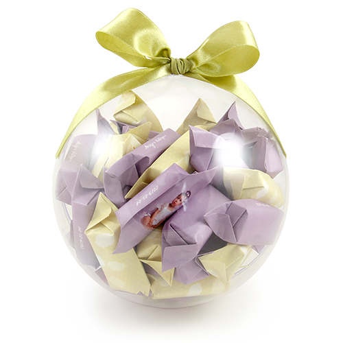 Transparent bubble with nominal sweets. A playful gift for children's celebration, 
baptising, birthday. Additional decorating: postcard with wishes and ribbon.