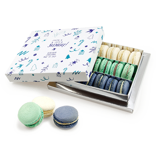Edible gift - excellent greeting for any occasion. Almond delicacies Macarons 
in the gorgeous box - an impressive business gift for an important partner. The bottom is gold, silver or adjusted to the cover. Design: logo and drawings on the box cover or ribbon.