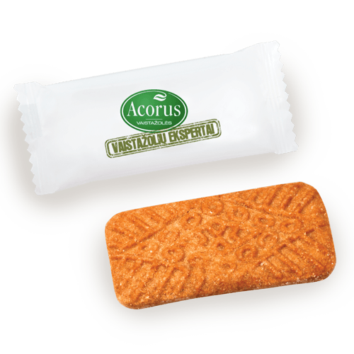 The biscuit in the package with a printed logo. Small advertising souvenir 
for promotional campaign. Suitable for cafes, salons or shops.