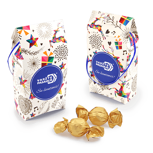 Smart and practical Christmas Gift: Tea, Coffee, Candy or other sweets 
in a souvenir box with logo. Subtle attention to the client is always pleasant.

The candies are wrapped in gold-colored paper. You can choose the color 
of the candy labels if Your order will be larger than 300 pcs. Colors: blue, pink, black, green, white and silver.